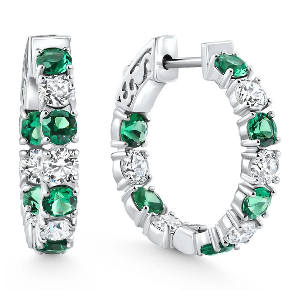 4 1/2Ct Emerald & Diamond Hoops White or Yellow Gold Lab Grown 1" Tall