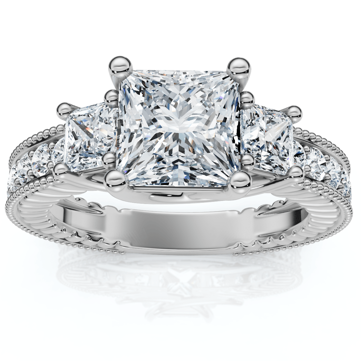 2 3/4CT Princess Cut Three Stone Vintage Diamond Engagement Ring Lab Grown 14k