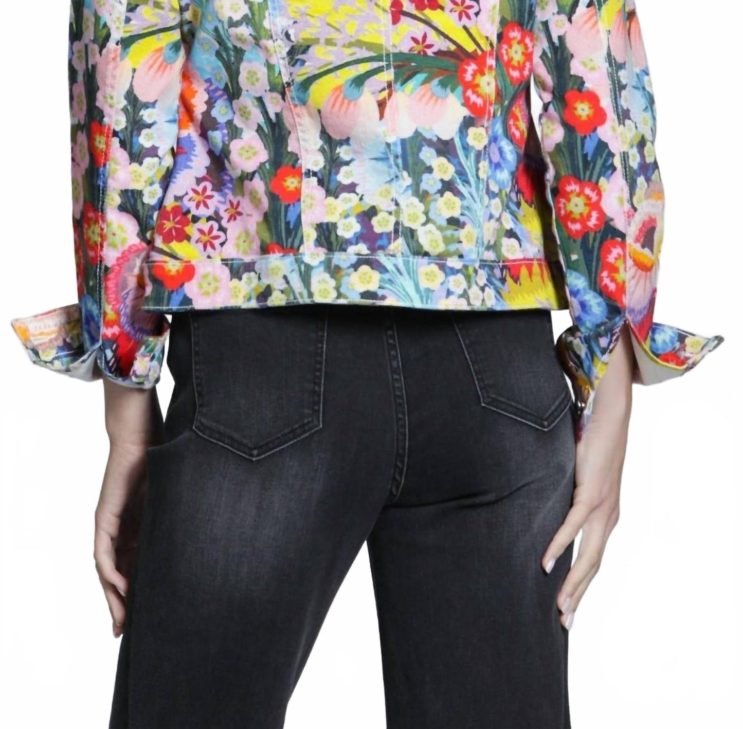 Printed Stretch Denim Trucker Jacket In Painted Meadow
