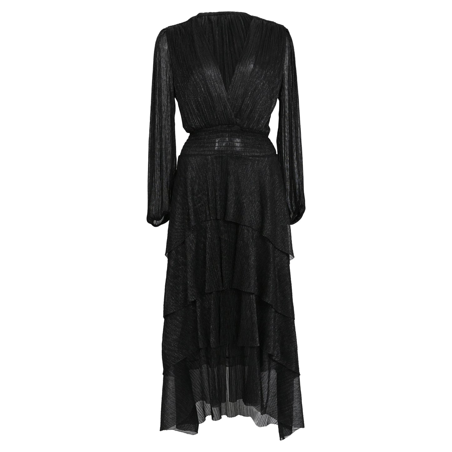 Maje Tiered Metallic Knitted Midi Dress in Black Polyester