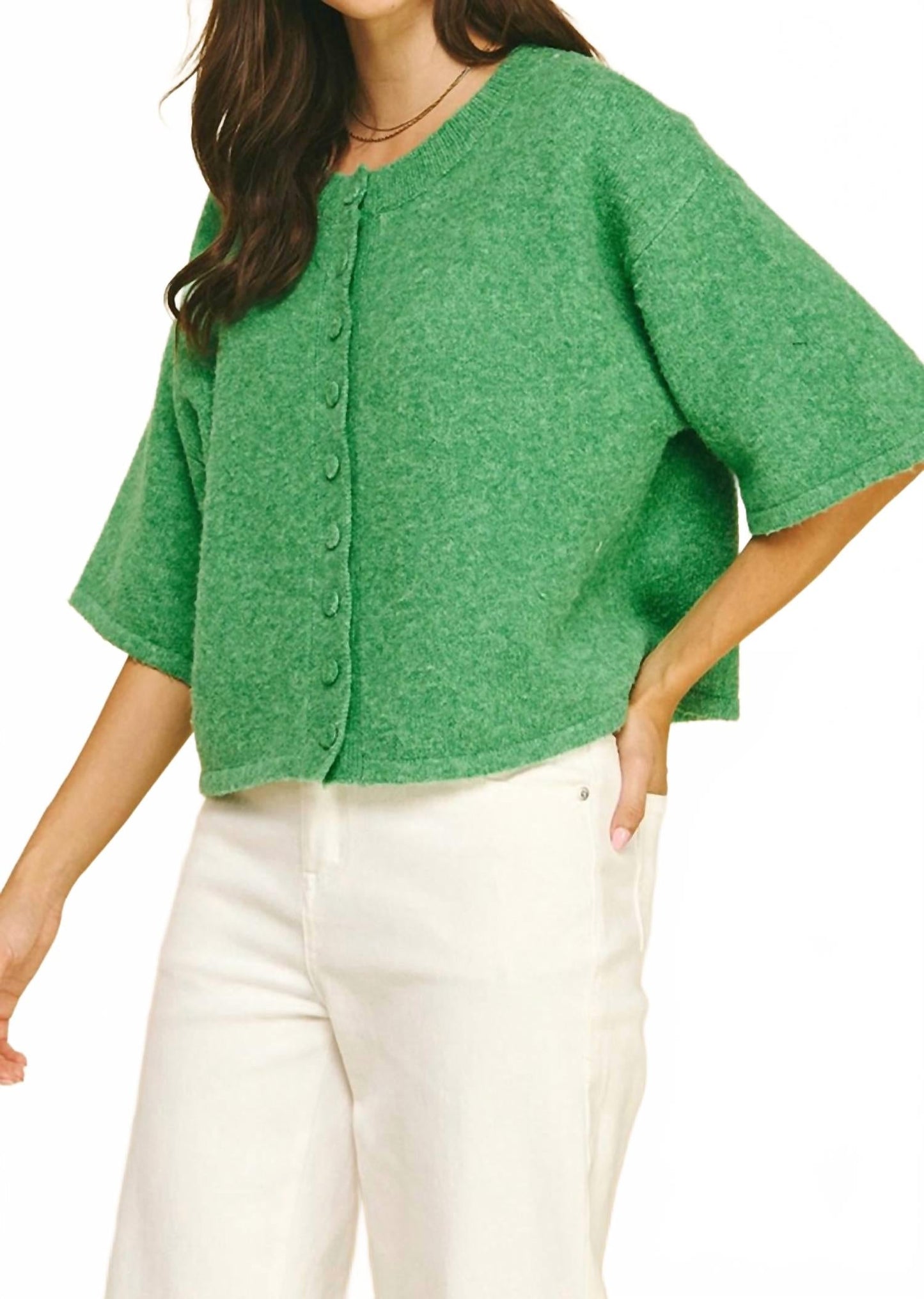 Abby Button Down Short Sleeve Sweater In Green