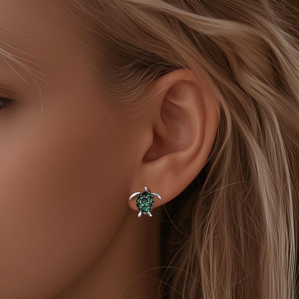 Green Gem Sea Turtle Stud Earrings