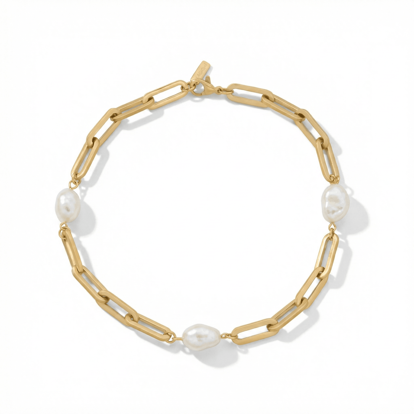 Aviv Anklet 18k Gold Plated 10" 8mm Paperclip and Freshwater Pearl
