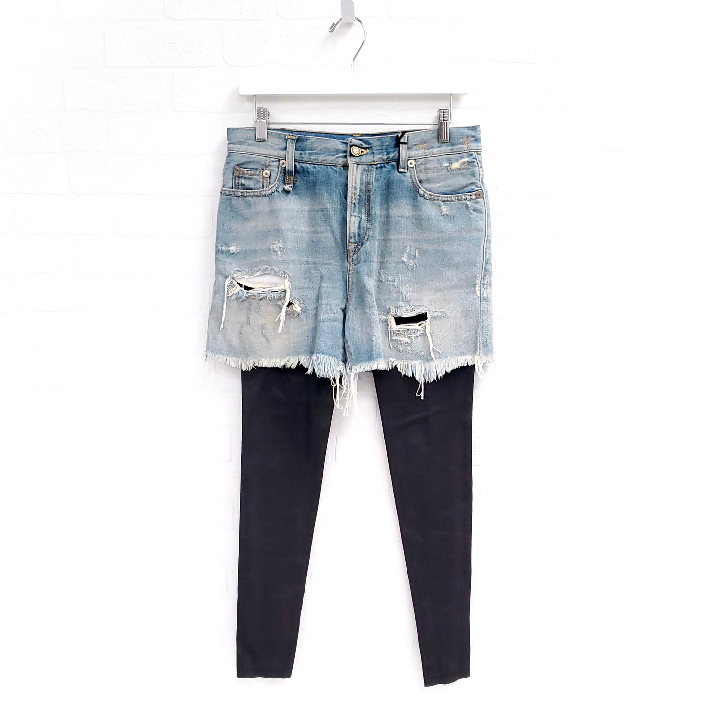 R13 DENIM JEANS SHORTS WITH ATTACHED LEATHER LEGGINGS - SIZE 27