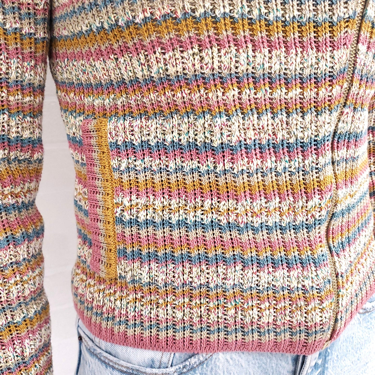 CHANEL STRIPE KNIT ZIP UP SWEATER - SIZE 34