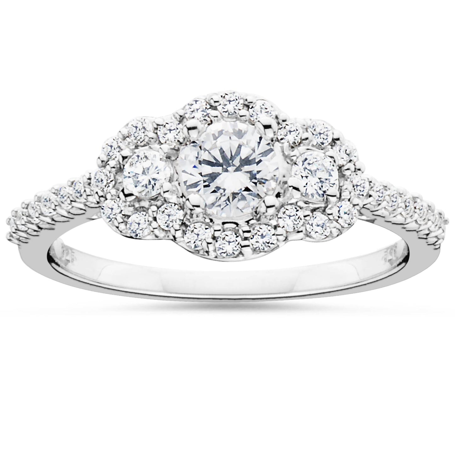 7/8 Carat 3-Stone Halo Diamond Anniversary Engagement Ring Solitaire White Gold Size Selectable
