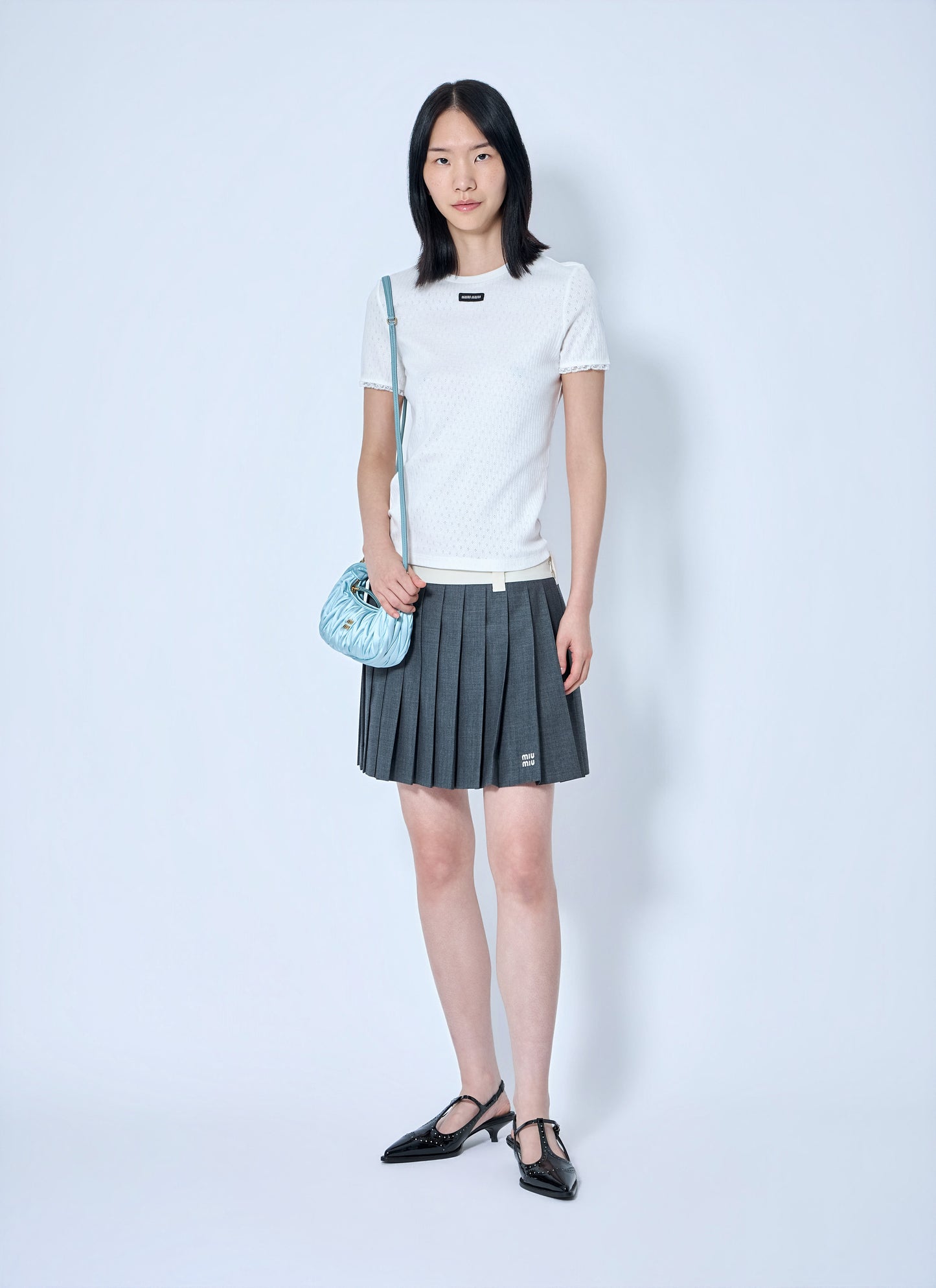 Miu Miu Women Lace-Trim Logo-Patch T-Shirt