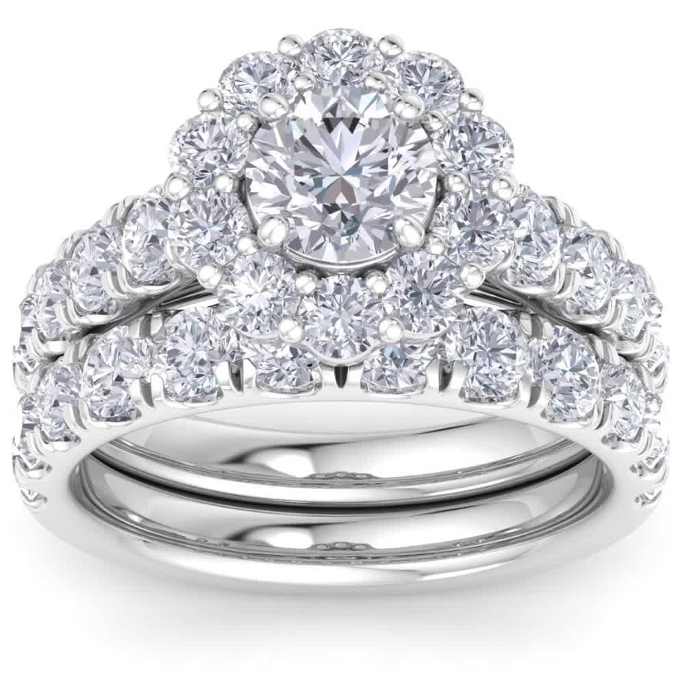 4Ct Diamond Halo Engagement Wedding Ring Set White Yellow or Rose Gold Lab Grown