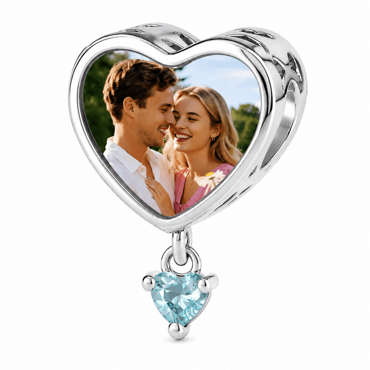 Personalized Photo & Engraved Heart Birthstone Dangle Charm