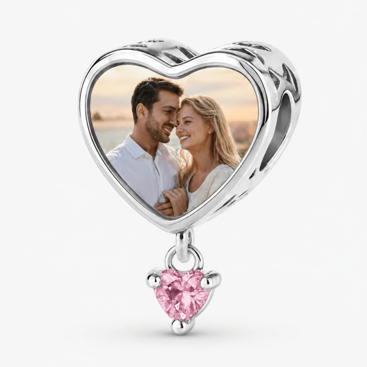 Personalized Photo & Engraved Heart Birthstone Dangle Charm