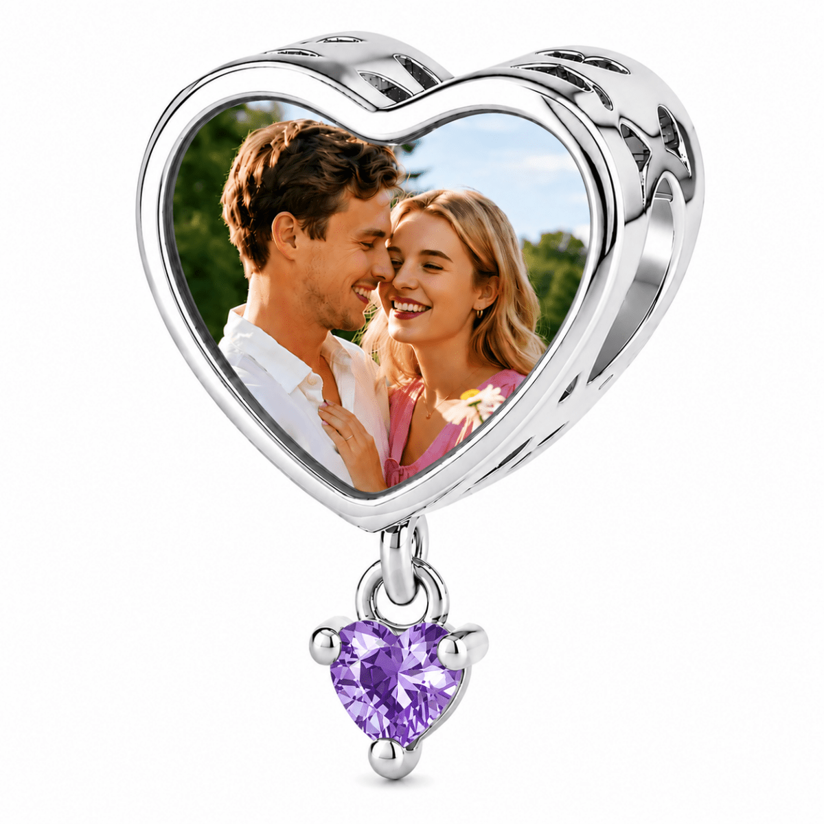 Personalized Photo & Engraved Heart Birthstone Dangle Charm