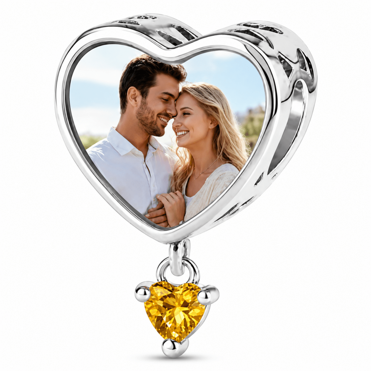 Personalized Photo & Engraved Heart Birthstone Dangle Charm