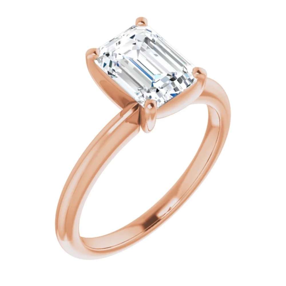 2Ct Emerald Solitaire Moissanite Engagement Ring in White Yellow or Rose Gold