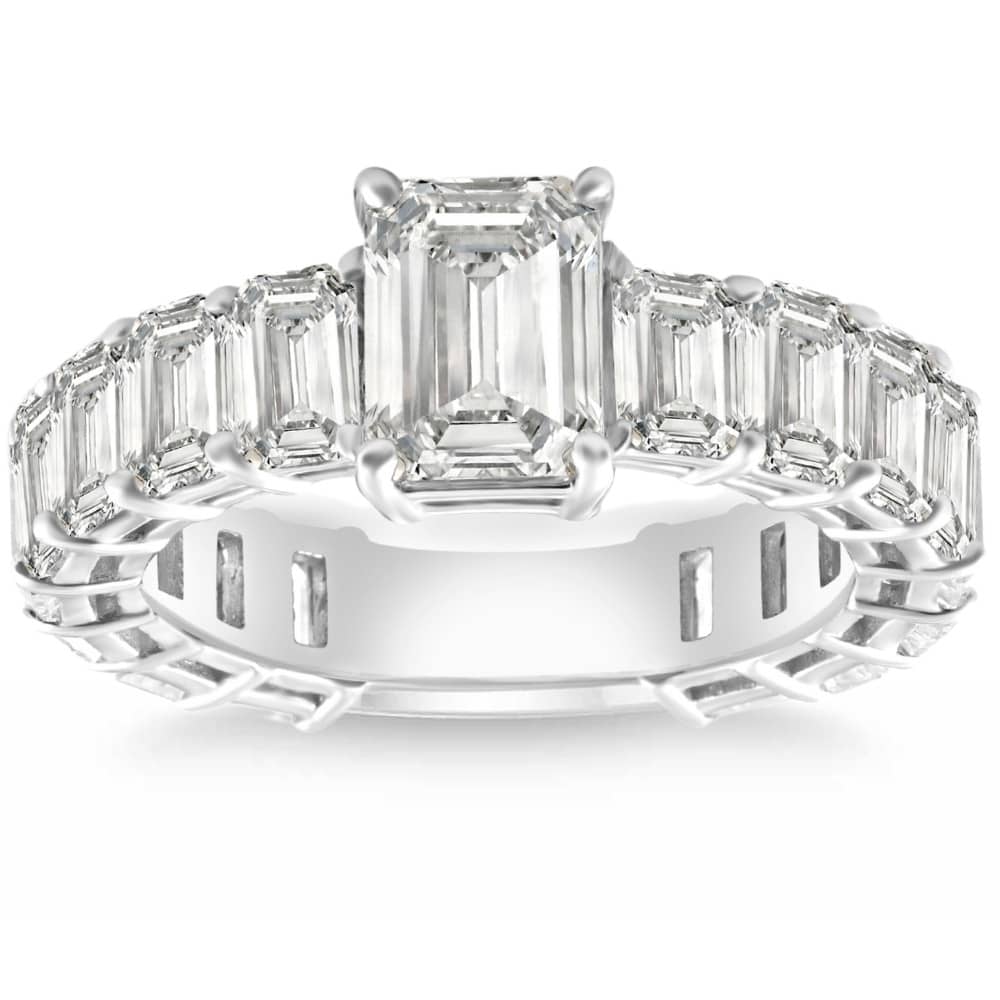 VS 7 1/2Ct Emerald Cut Diamond Engagement Ring 3/4 Eternity 14k Gold Lab Grown